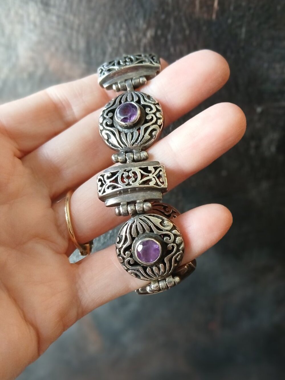 Vtg Sajen 925 Sterling Silver Amethyst Filigree Panel Link Bracelet Heavy 56g